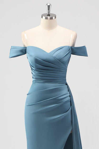 Dusty Blue Mermaid Off the Shoulder Satin Long Bridesmaid Dress with Slit