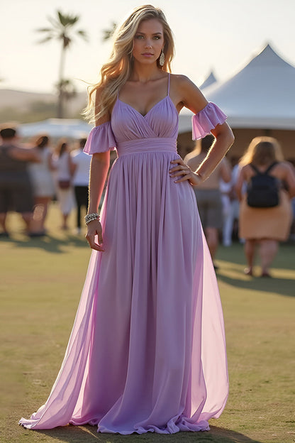 Lilac Spaghetti Straps A Line Long Bridesmaid Dress