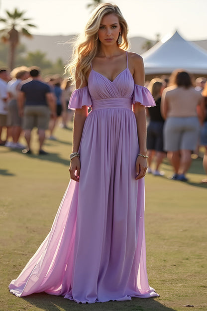 Lilac Spaghetti Straps A Line Long Bridesmaid Dress