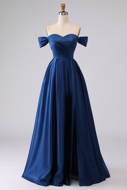 Off the Shoulder Navy Plus Size Long Satin Formal Dress with Slit