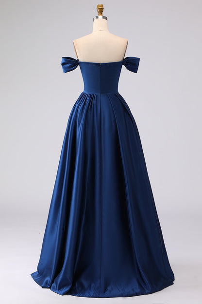 Off the Shoulder Navy Plus Size Long Satin Formal Dress with Slit