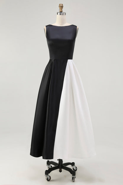 Plus Size Black and White Sleeveless A Line Satin Long Black Tie Dress