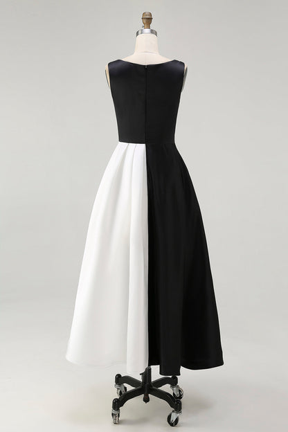 Plus Size Black and White Sleeveless A Line Satin Long Black Tie Dress