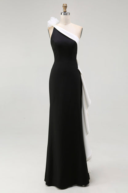 Plus Size Black and White One Shoulder Mermaid Long Black Tie Dress with 3D Flowers