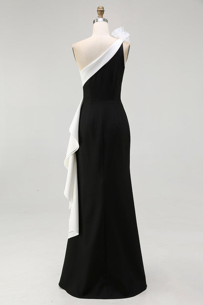 Plus Size Black and White One Shoulder Mermaid Long Black Tie Dress with 3D Flowers