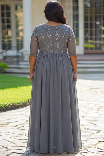 Grey A Line Appliqued Plus Size Long Mother of the Bride Dress