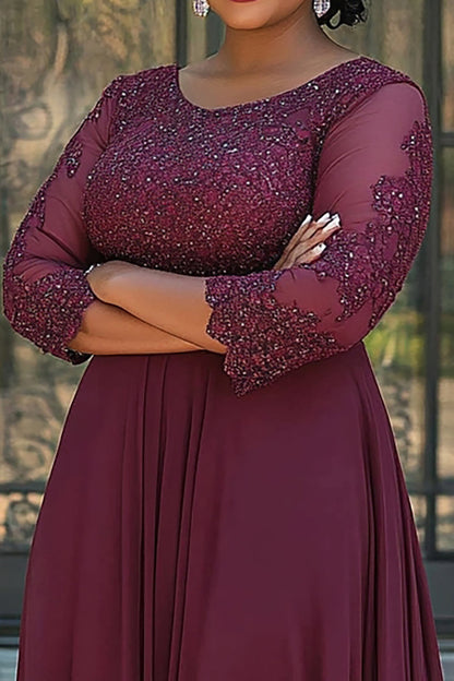 A Line Burgundy Chiffon Long Plus Size Mother of the Bride Dress