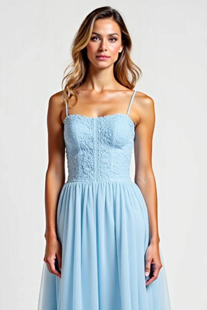 Sky Blue Square Neck Chiffon Long Bridesmaid Dress