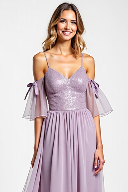 A Line Purple Long V-Neck Chiffon Bridesmaid Dress