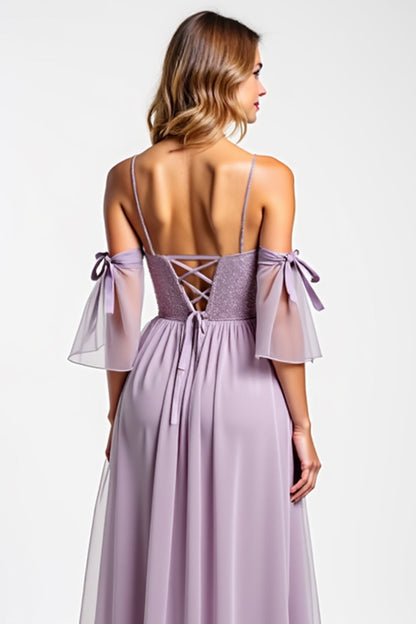 A Line Purple Long V-Neck Chiffon Bridesmaid Dress