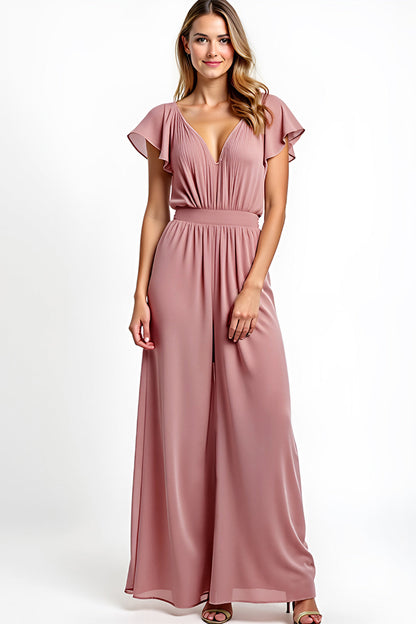 Dusty Rose Backless Long Cap Sleeves Bridesmaid Jumpsuit