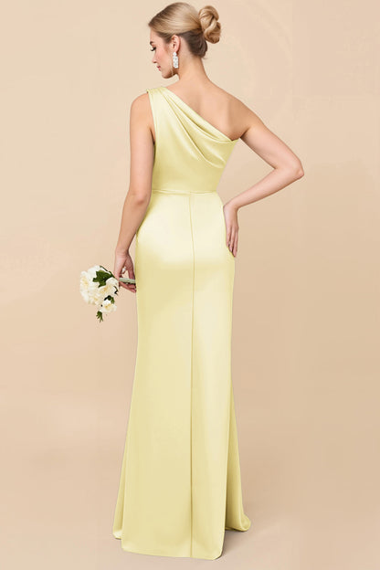 Sheath Satin Eucalyptus Ruched One Shoulder Long Bridesmaid Dress