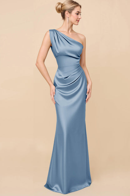 Sheath Satin Eucalyptus Ruched One Shoulder Long Bridesmaid Dress