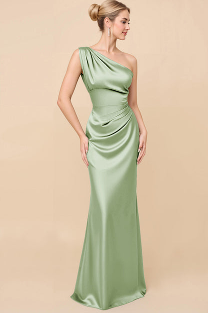 Sheath Satin Eucalyptus Ruched One Shoulder Long Bridesmaid Dress