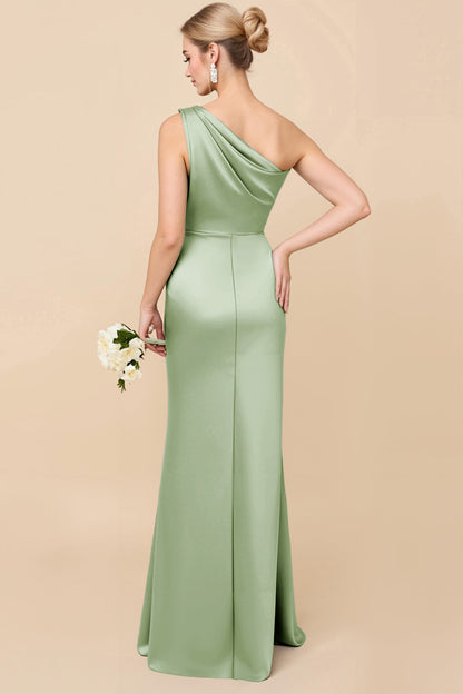 Sheath Satin Eucalyptus Ruched One Shoulder Long Bridesmaid Dress