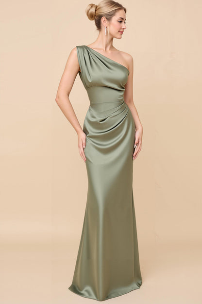 Sheath Satin Eucalyptus Ruched One Shoulder Long Bridesmaid Dress