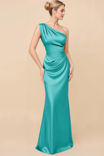 Sheath Satin Eucalyptus Ruched One Shoulder Long Bridesmaid Dress