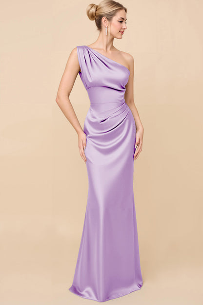 Sheath Satin Eucalyptus Ruched One Shoulder Long Bridesmaid Dress