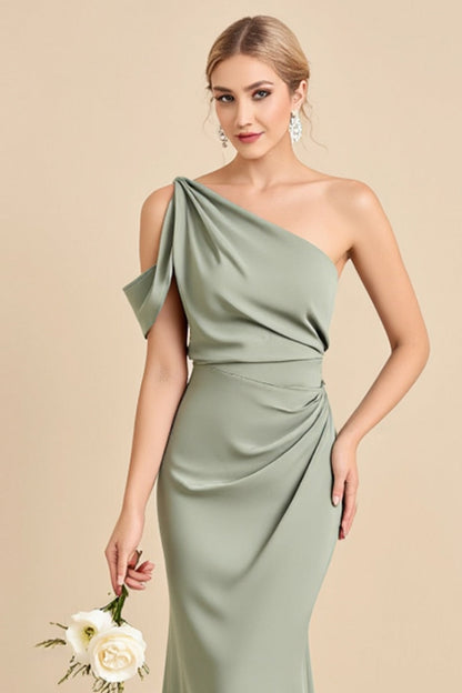 Matcha Sheath Satin One Shoulder Long Bridesmaid Dress