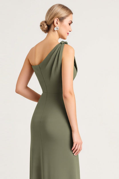 Sheath Olive One Shoulder Long Bridesmaid Dress with Slit