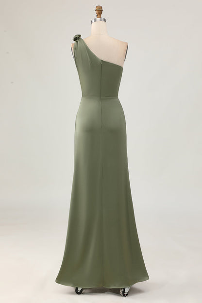 Sheath Olive One Shoulder Long Bridesmaid Dress with Slit