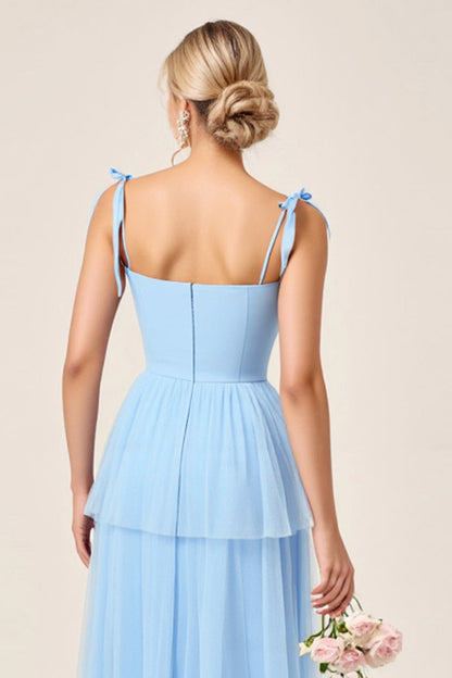 Sky Blue A Line Spaghetti Straps Long Bridesmaid Dress with Slit
