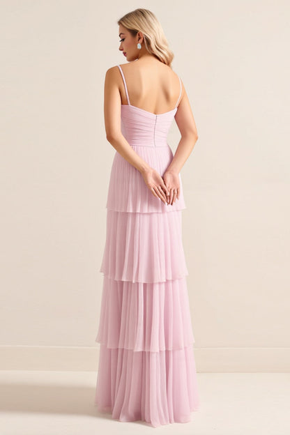 Candy Pink A Line Spaghetti Straps Long Tiered Bridesmaid Dress