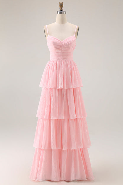 Candy Pink A Line Spaghetti Straps Long Tiered Bridesmaid Dress