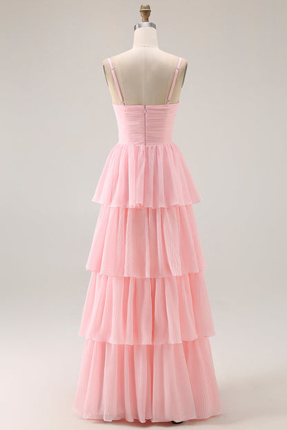 Candy Pink A Line Spaghetti Straps Long Tiered Bridesmaid Dress