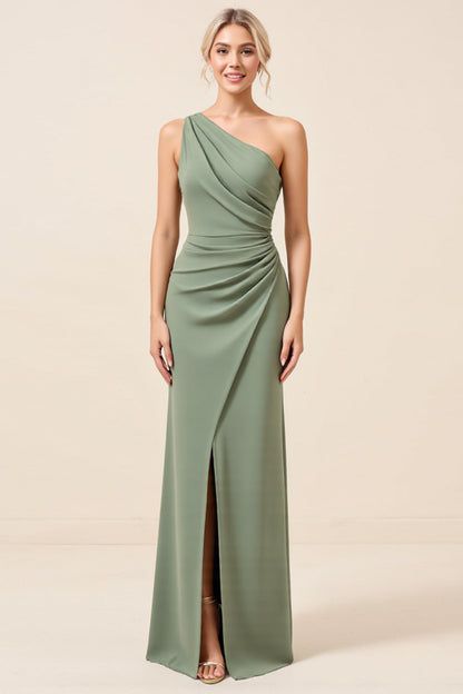 Matcha Sheath One Shoulder Long Bridesmaid Dress with Slit