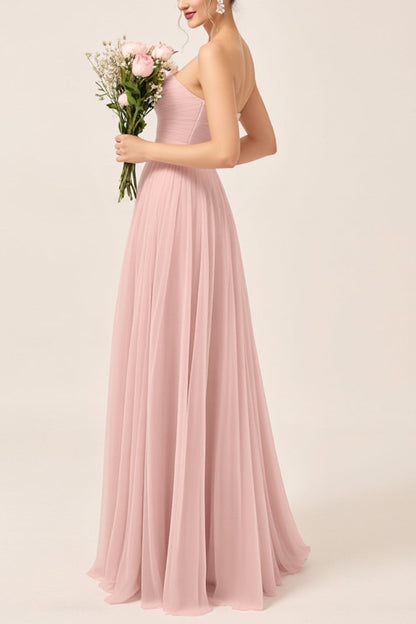 Blush Pink A Line Strapless Square Neck Maxi Bridesmaid Dress