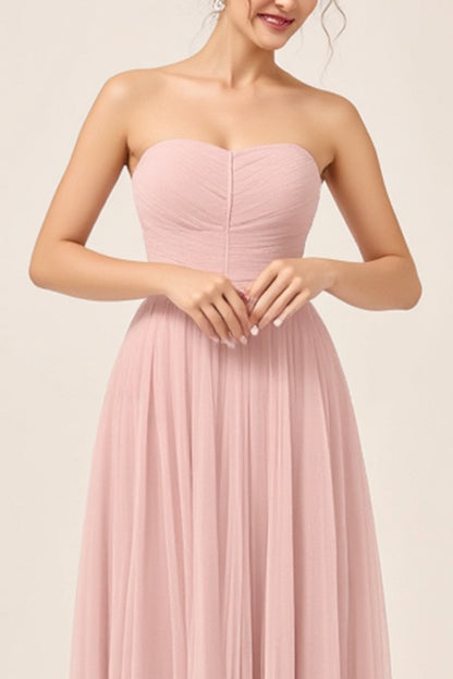 Blush Pink A Line Strapless Square Neck Maxi Bridesmaid Dress