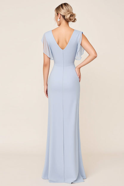 Light Blue V Neck Sheath Maxi Long Bridesmaid Dress