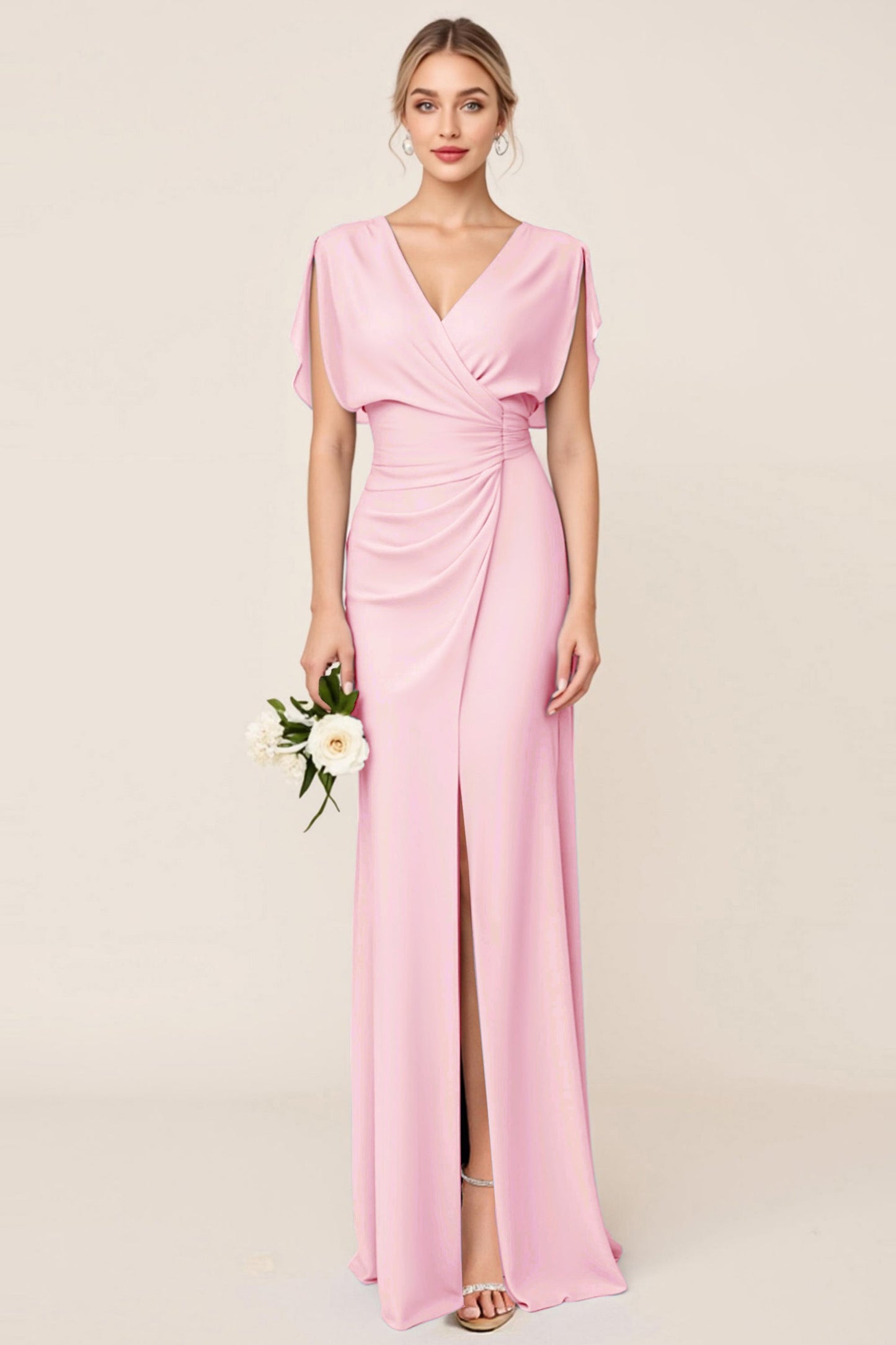 Light Blue V Neck Sheath Maxi Long Bridesmaid Dress