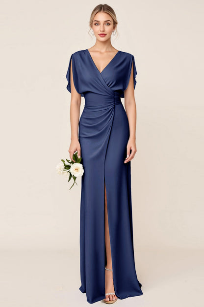 Light Blue V Neck Sheath Maxi Long Bridesmaid Dress