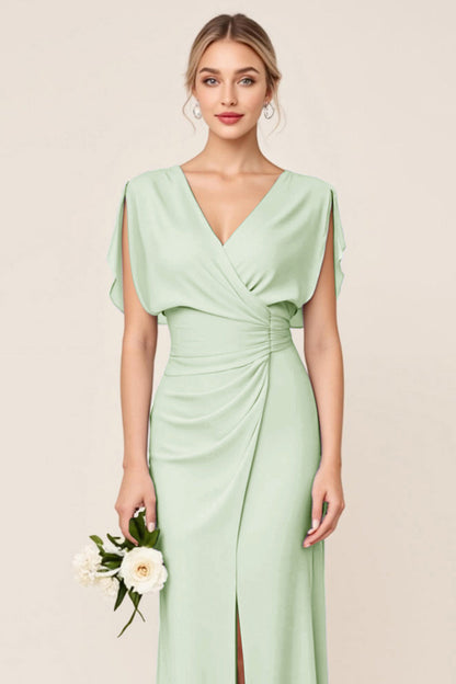 Light Blue V Neck Sheath Maxi Long Bridesmaid Dress
