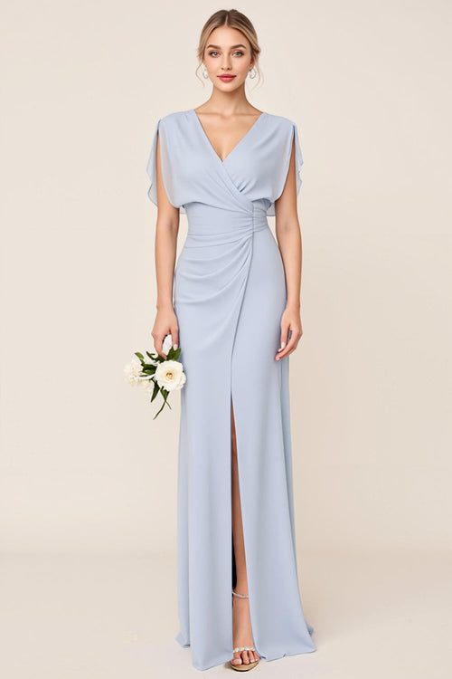 Light Blue V Neck Sheath Maxi Long Bridesmaid Dress