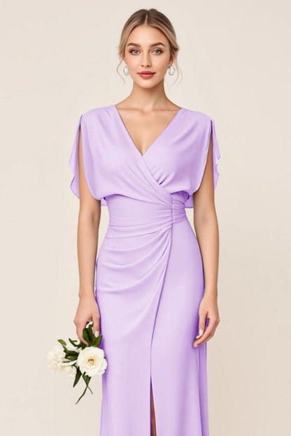 Light Blue V Neck Sheath Maxi Long Bridesmaid Dress