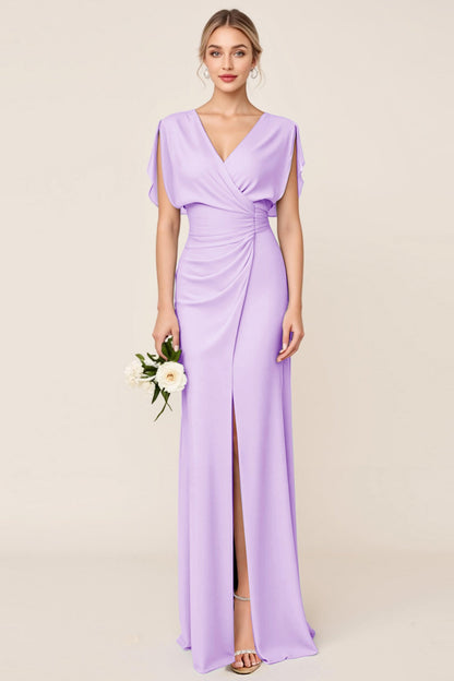 Light Blue V Neck Sheath Maxi Long Bridesmaid Dress