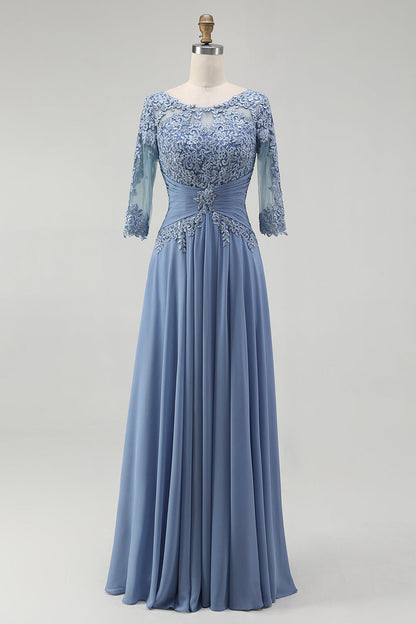 Dusty Blue Illusion Neck Plus Size Long Mother of the Bride Dress