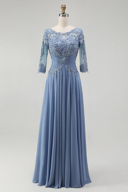 Dusty Blue Illusion Neck Plus Size Long Mother of the Bride Dress