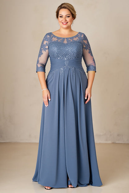 Dusty Blue Illusion Neck Plus Size Long Mother of the Bride Dress