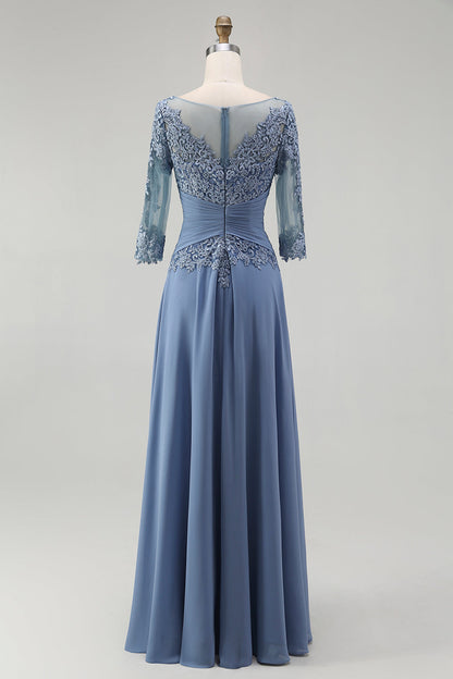 Dusty Blue Illusion Neck Plus Size Long Mother of the Bride Dress