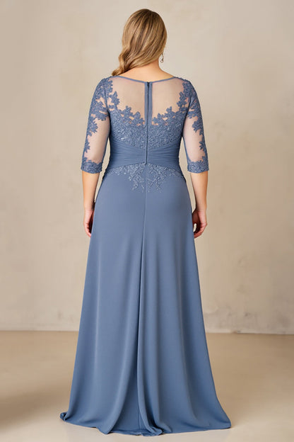 Dusty Blue Illusion Neck Plus Size Long Mother of the Bride Dress