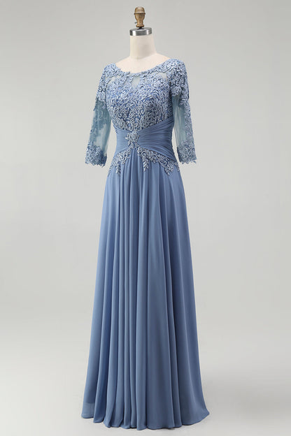 Dusty Blue Illusion Neck Plus Size Long Mother of the Bride Dress