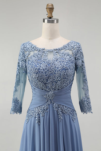 Dusty Blue Illusion Neck Plus Size Long Mother of the Bride Dress