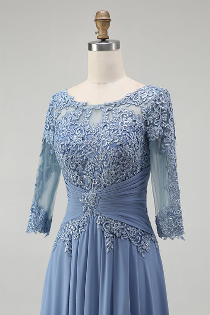 Dusty Blue Illusion Neck Plus Size Long Mother of the Bride Dress