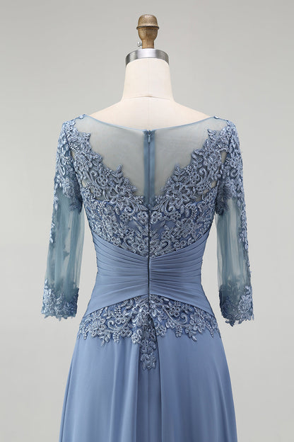 Dusty Blue Illusion Neck Plus Size Long Mother of the Bride Dress