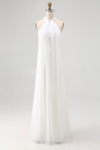 Plus Sise White Chiffon A Line Halter Long Rehearsal Dinner Dress