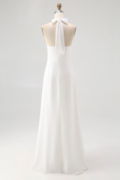 Plus Sise White Chiffon A Line Halter Long Rehearsal Dinner Dress